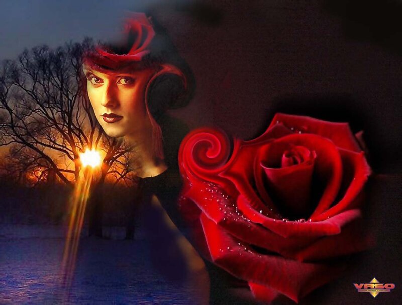 Woman with Red Rose — Dramatic, Night, Digital Art, Tree