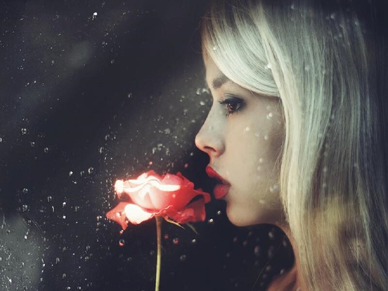 Woman with Red Rose — Dramatic, Night, Photograph, Raindrops