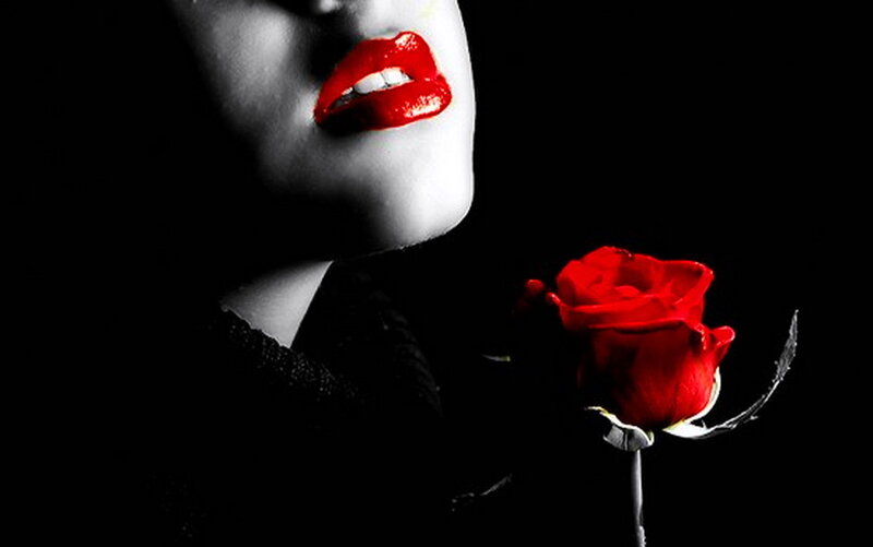Woman with Red Rose — Dramatic, Night, Photograph