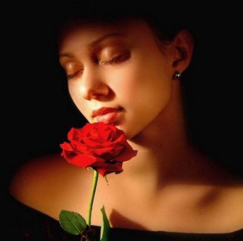 Woman with Red Rose — Dramatic, Photograph, Earring, Black
