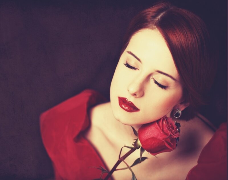 Woman with Red Rose — Dramatic, Photograph, Earring, Red Dress