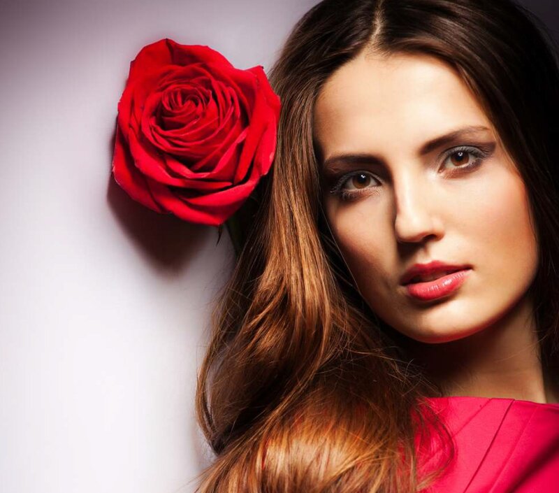 Woman with Red Rose — Dramatic, Photograph, Hair, Lipstick