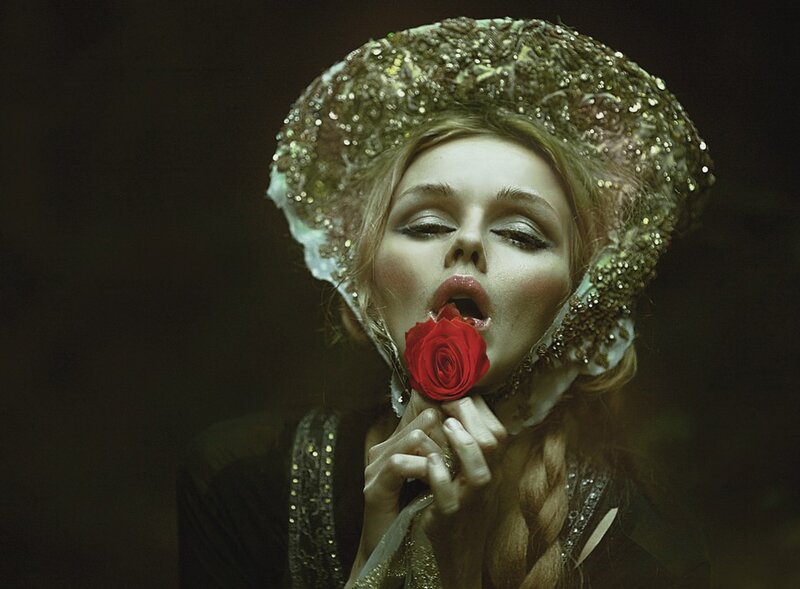 Woman with Red Rose — Dramatic, Photograph, Hat, Braided Hair