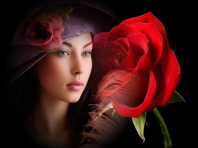 Woman with Red Rose — Dramatic, Photograph, Hat