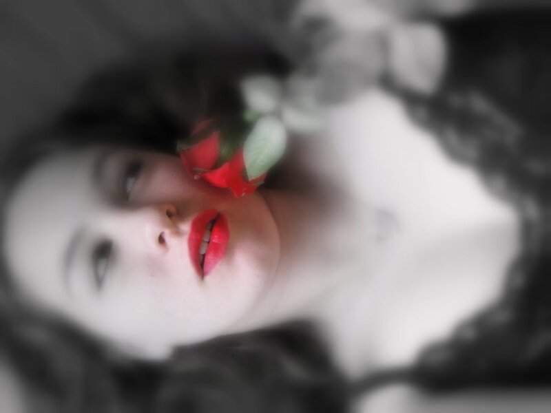 Woman with Red Rose — Dramatic, Photograph, Lips, Face, Black