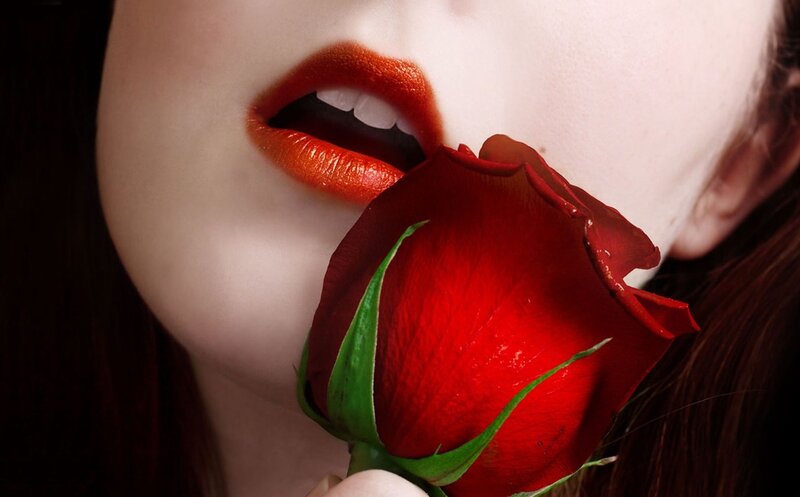 Woman with Red Rose — Dramatic, Photograph, Lips, Face