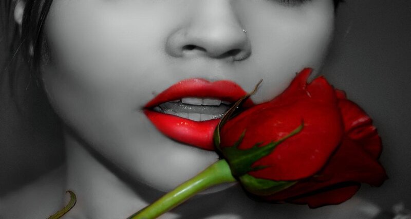 Woman with Red Rose — Dramatic, Photograph, Lips, Nose