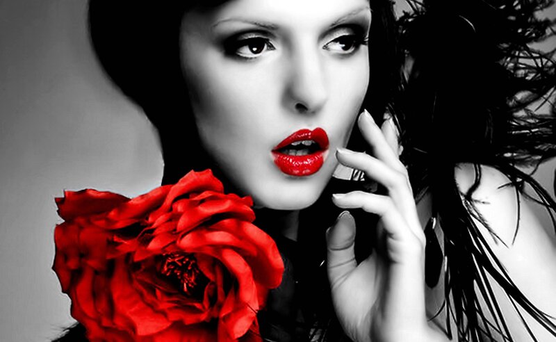 Woman with Red Rose — Dramatic, Photograph, Lipstick