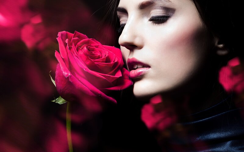 Woman with Red Rose — Dramatic, Photograph, Makeup, Dark Background