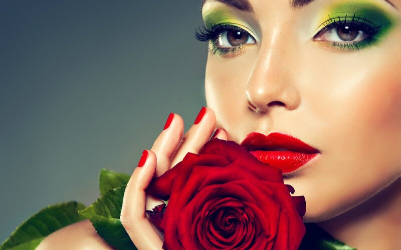 Woman with Red Rose — Dramatic, Photograph, Makeup, Nails
