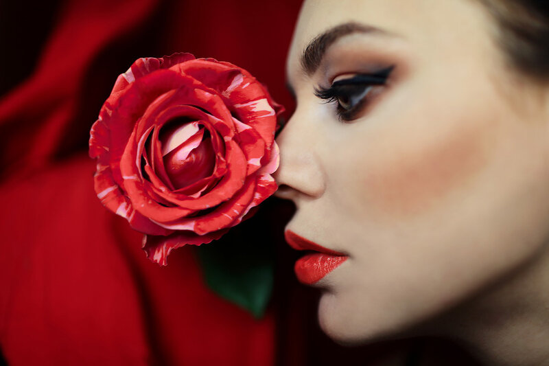Woman with Red Rose — Dramatic, Photograph, Makeup, Red Fabric