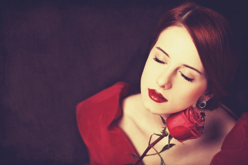 Woman with Red Rose — Dramatic, Photograph, Red Dress