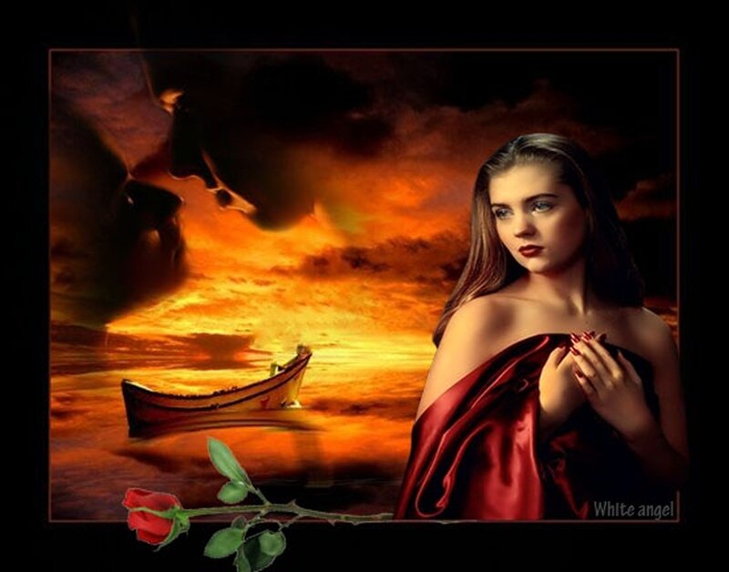 Woman with Red Rose — Dramatic, Sunset, Digital Art