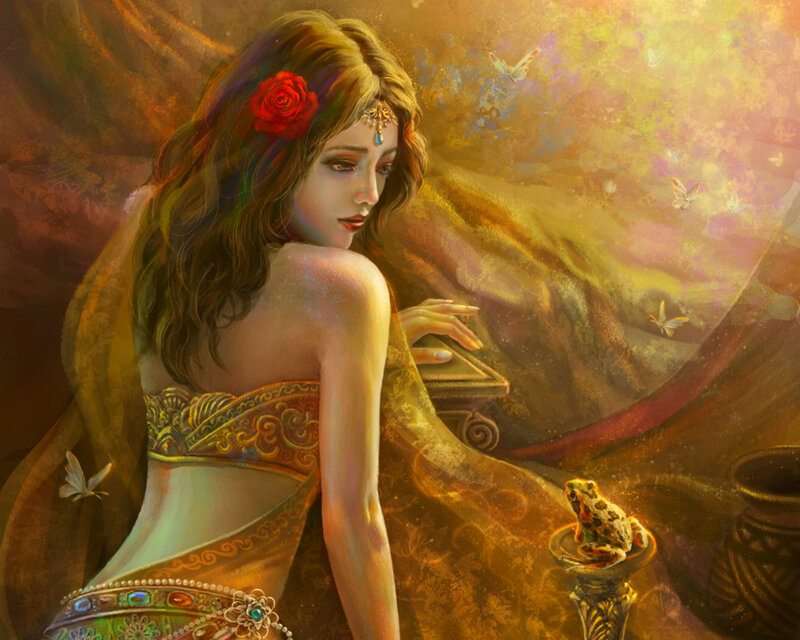 Woman with Red Rose — Gold, Dreamy