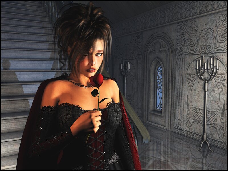 woman with red rose in castle