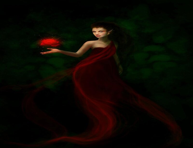 woman with red rose in dark forest