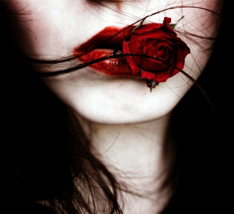 woman with red rose in mouth