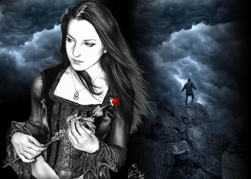 woman with red rose in storm