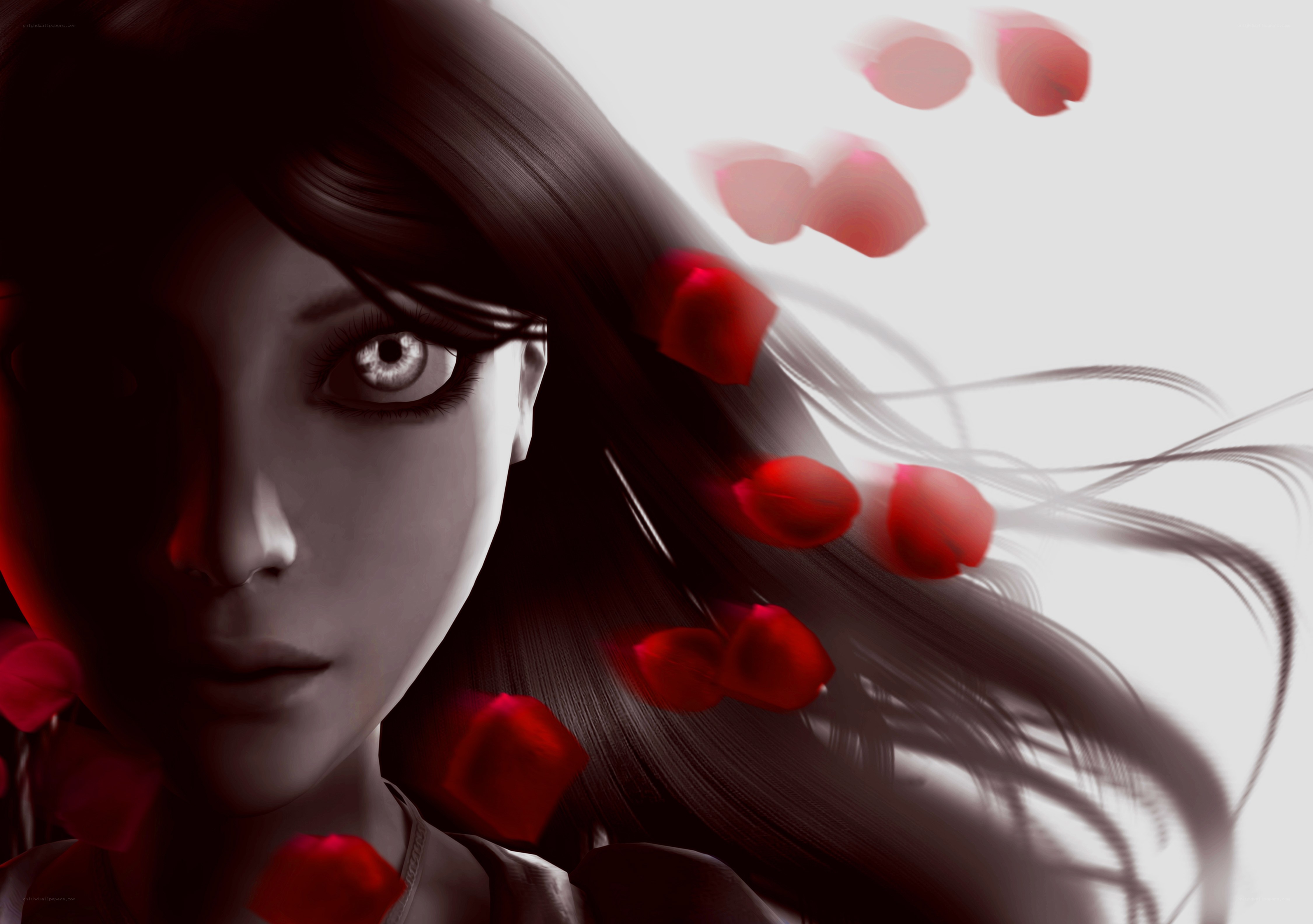 woman with red rose petals