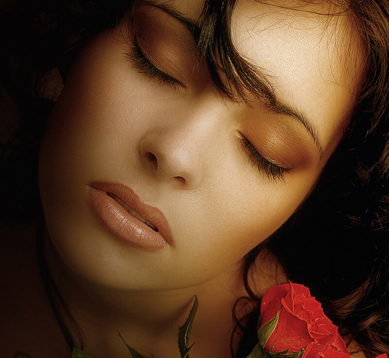 Woman with Red Rose — Serene, Photograph, Closed Eyes