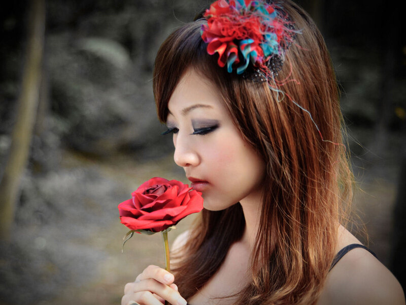 Woman with Red Rose — Serene, Photograph, Flower Crown, Makeup