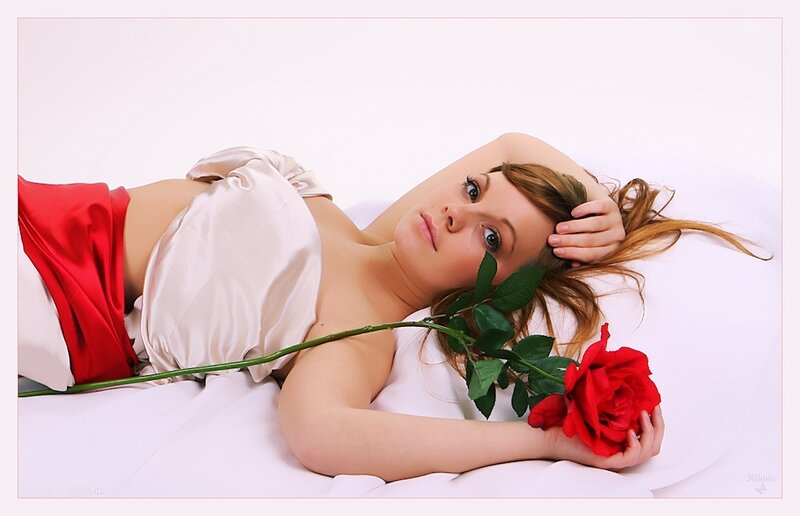 Woman with Red Rose — White, Calm