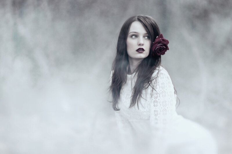 Woman with Red Rose — White, Dramatic, Photograph
