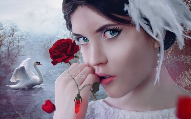 Woman with Red Rose — White, Dramatic, Winter