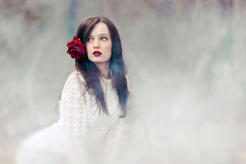 Woman with Red Rose — White, Dreamy