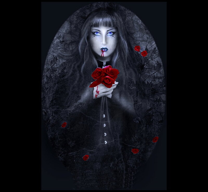 woman with red roses and blood