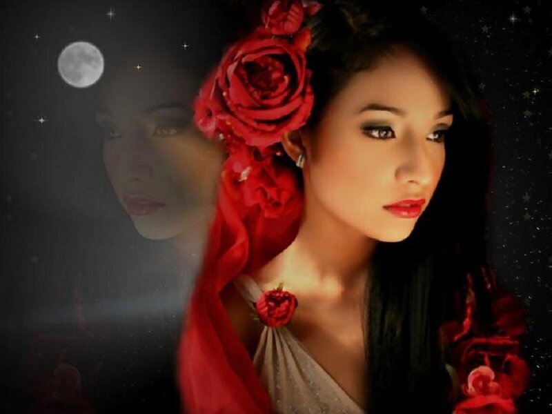 woman with red roses and moon