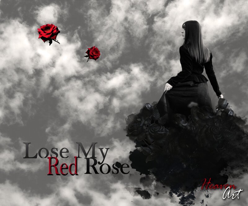 Woman with Red Roses — Black, Dramatic, Digital Art