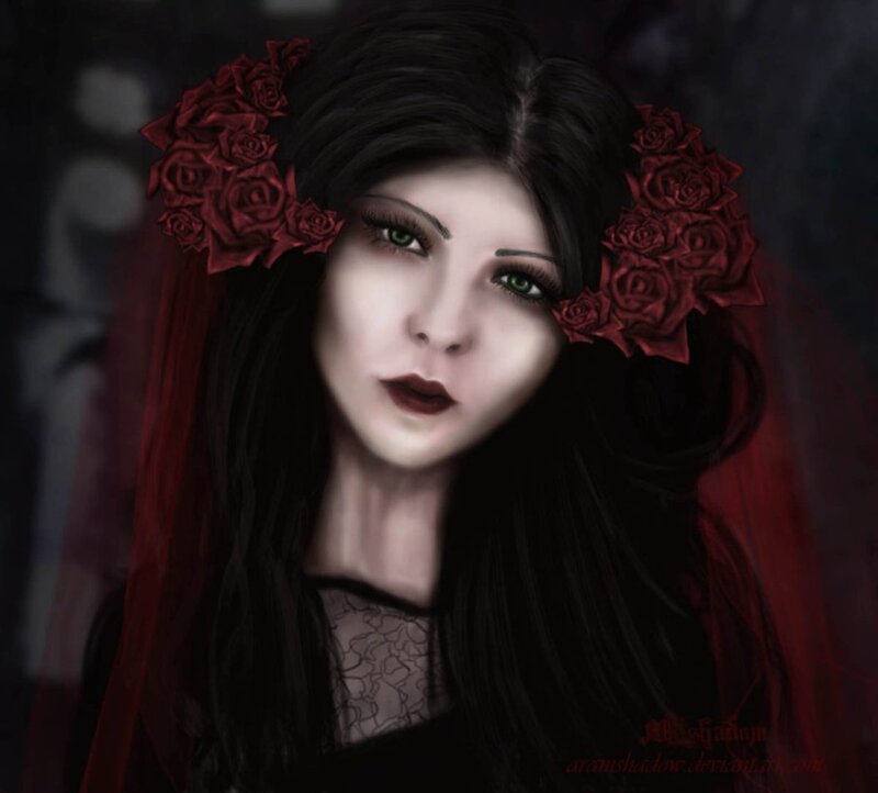 Woman with Red Roses — Black, Dramatic, Digital Art, Veil