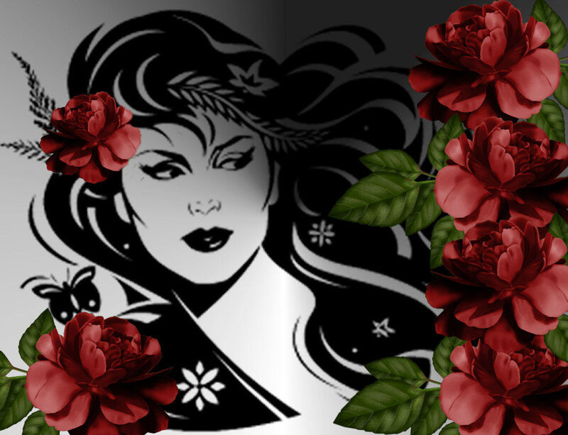 Woman with Red Roses — Black, Dramatic, Illustration