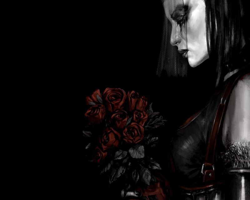 Woman with Red Roses — Black, Dramatic, Night, Digital Art