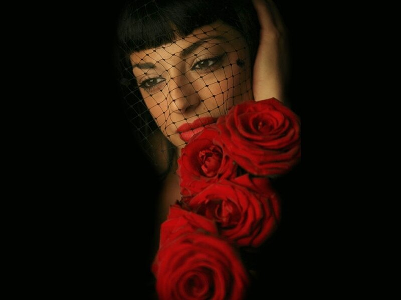 Woman with Red Roses — Black, Dramatic, Night