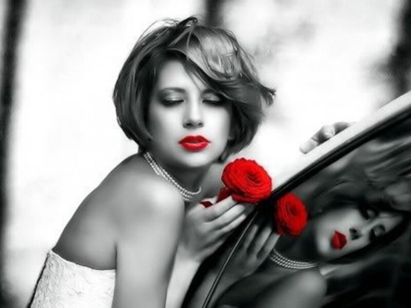 Woman with Red Roses — Black, Dramatic, Photograph, Pearl Necklace