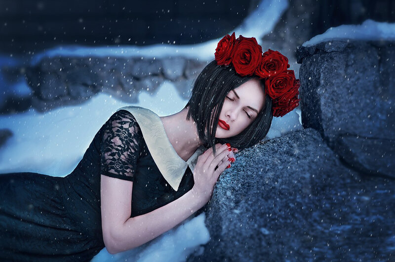 Woman with Red Roses — Black, Dramatic, Winter
