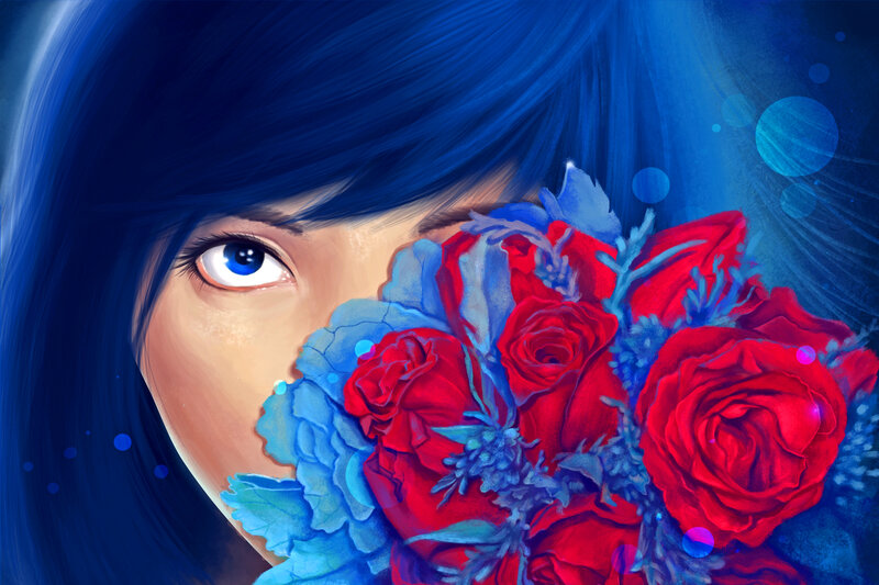 Woman with Red Roses — Blue, Dramatic, Digital Art, Blue Hair