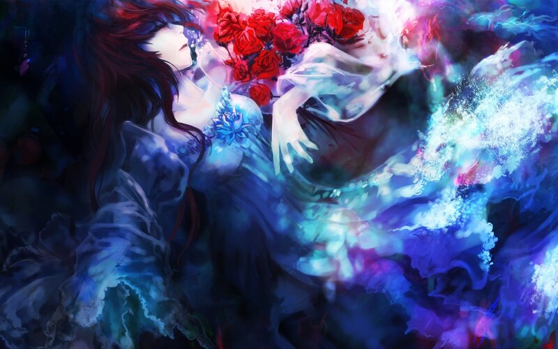 Woman with Red Roses — Blue, Dramatic, Digital Art
