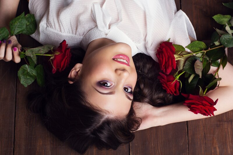Woman with Red Roses — Calm, Photograph, Wood Floor