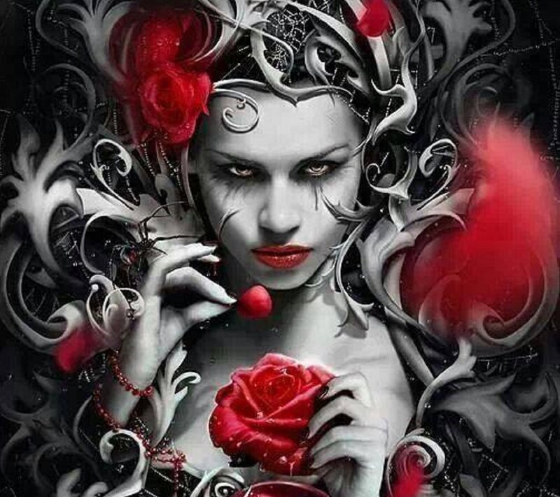 Woman with Red Roses — Dramatic, Digital Art, Crown