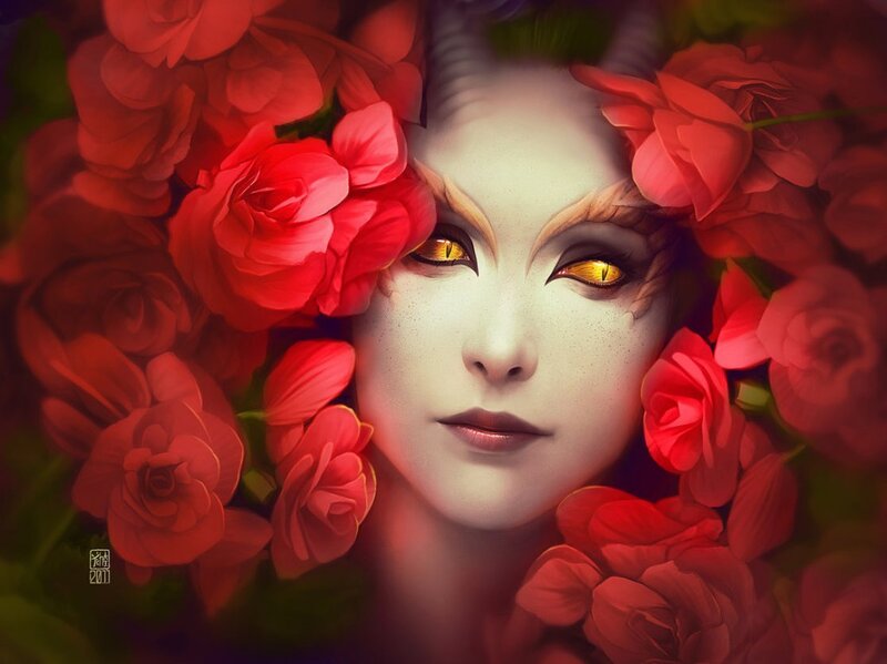 Woman with Red Roses — Dramatic, Digital Art, Eyes, Face