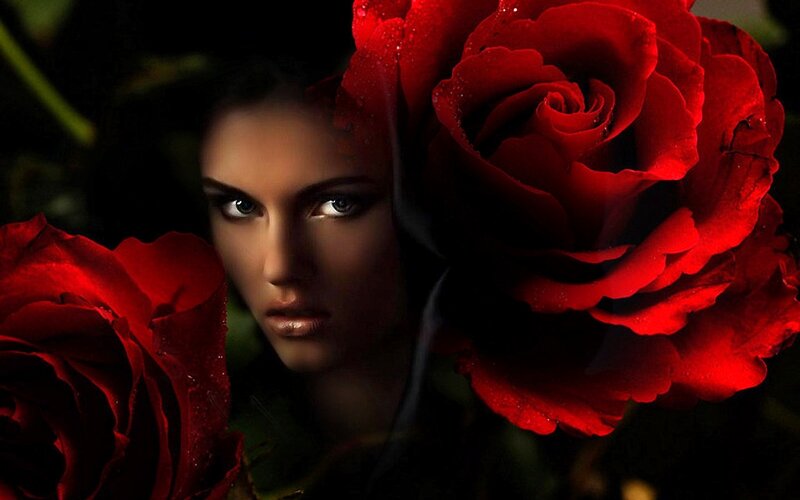 Woman with Red Roses — Dramatic, Digital Art, Eyes