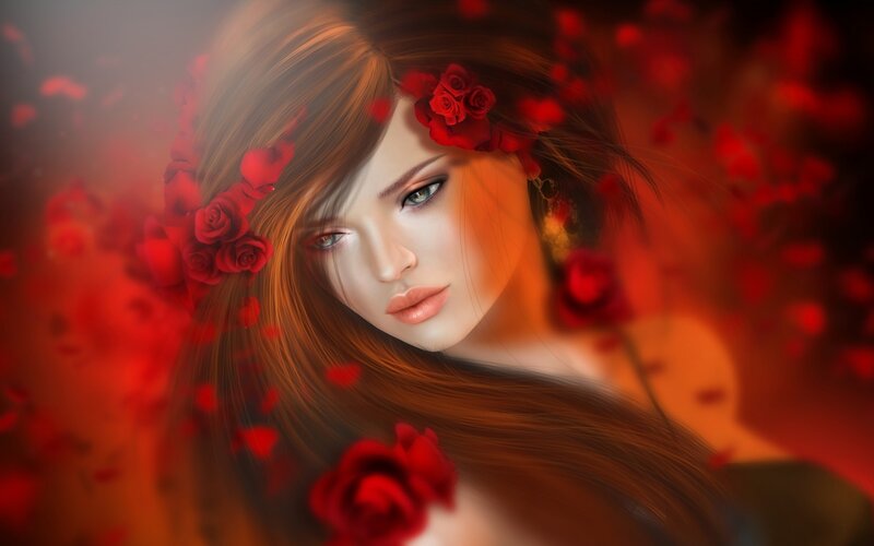 Woman with Red Roses — Dramatic, Digital Art, Hair, Eyes