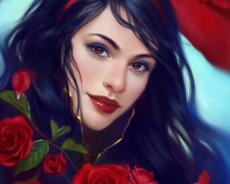 Woman with Red Roses — Dramatic, Digital Art, Hair