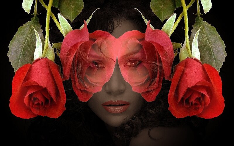 Woman with Red Roses — Dramatic, Digital Art, Leaves