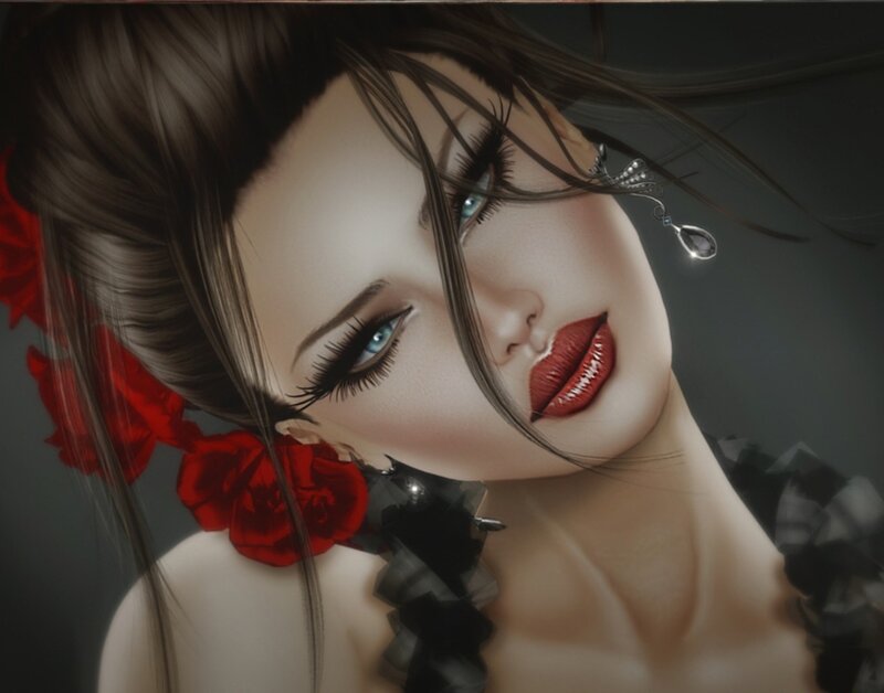 Woman with Red Roses — Dramatic, Digital Art, Red Roses