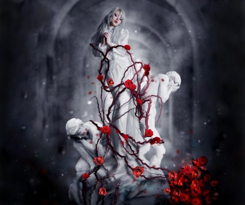 Woman with Red Roses — Dramatic, Digital Art, Statues