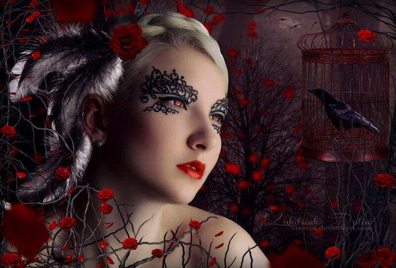 Woman with Red Roses — Dramatic, Night, Digital Art, Birdcage